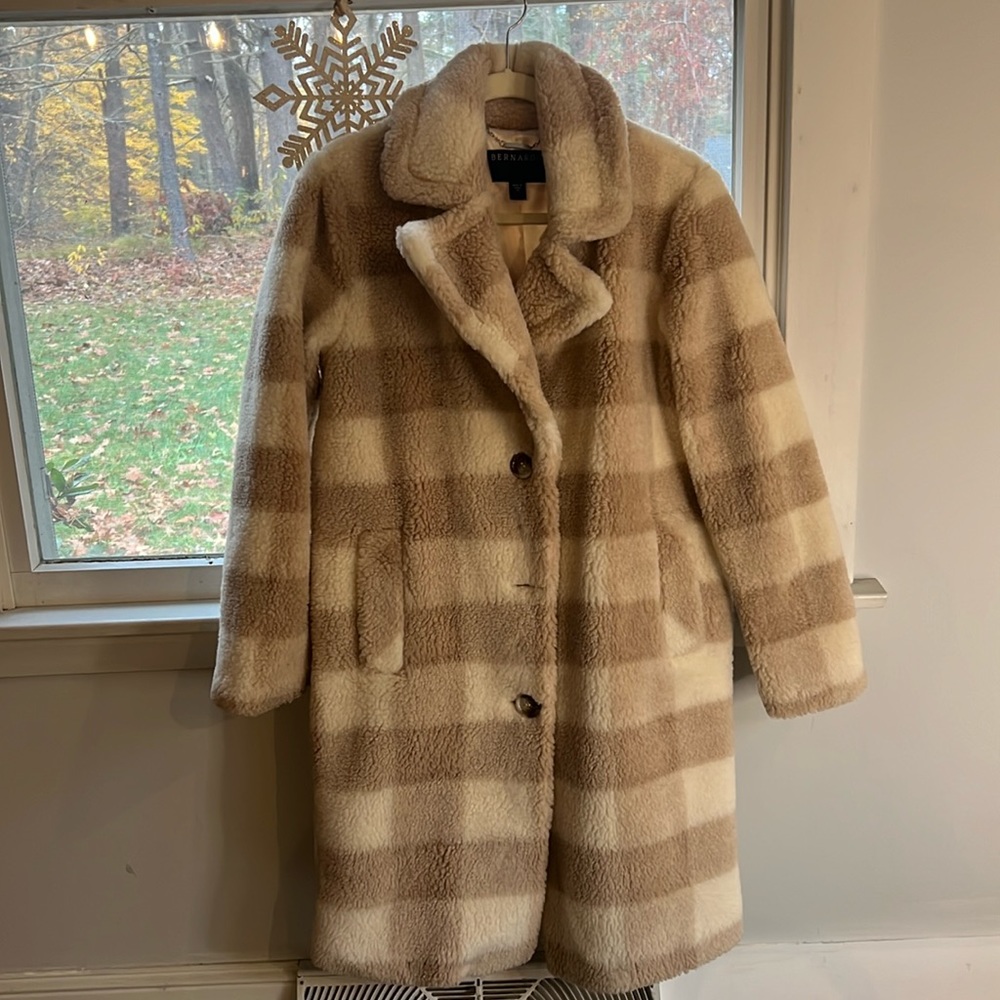 BERNARDO Fleece Plaid Trench Cream & Tan XS.